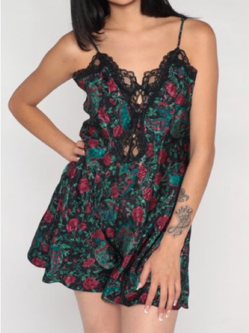 Vintage 90s Delicatea Satin Teddy Romper Nighty Dark Jewel Paisley, Lace Trim